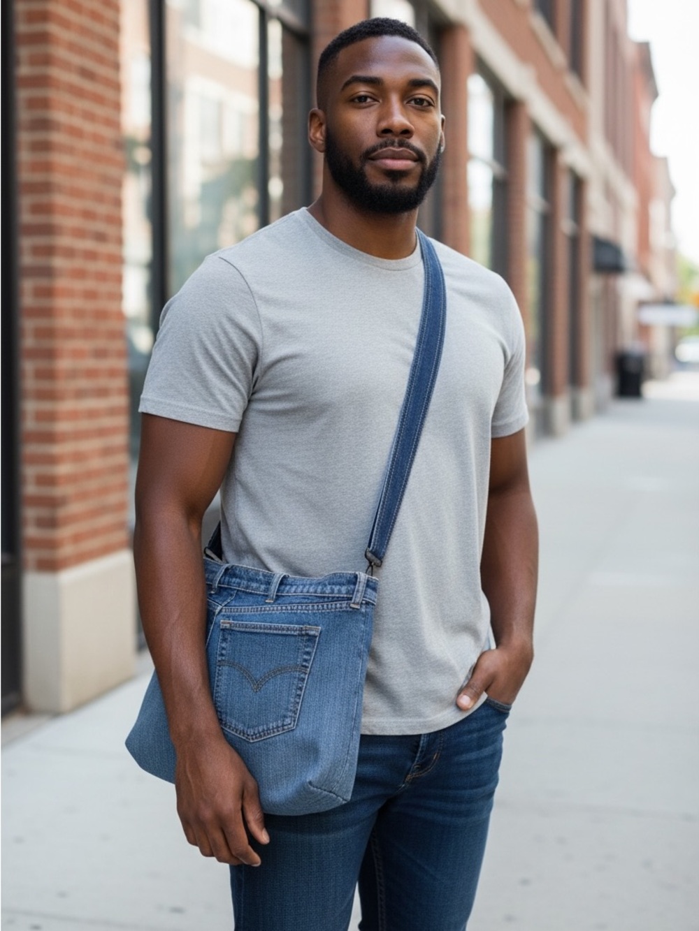 Large unisex Denim Crossbody Tote Bag/laptop holder  with Navy Strap